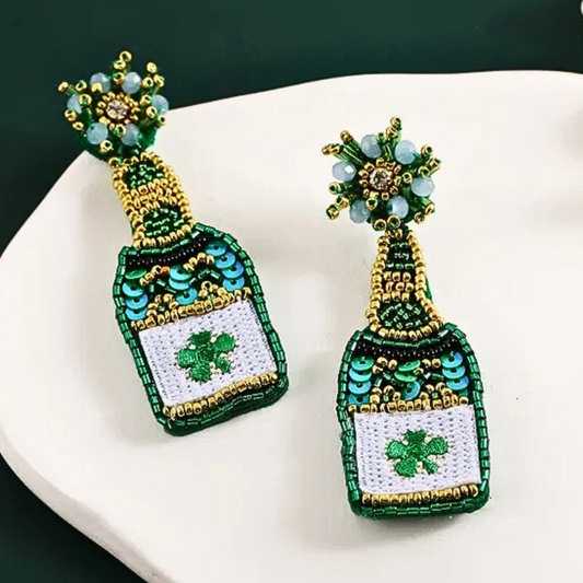 St Patrick's Day Irish Champagne Wine Bottle Beaded Earrings