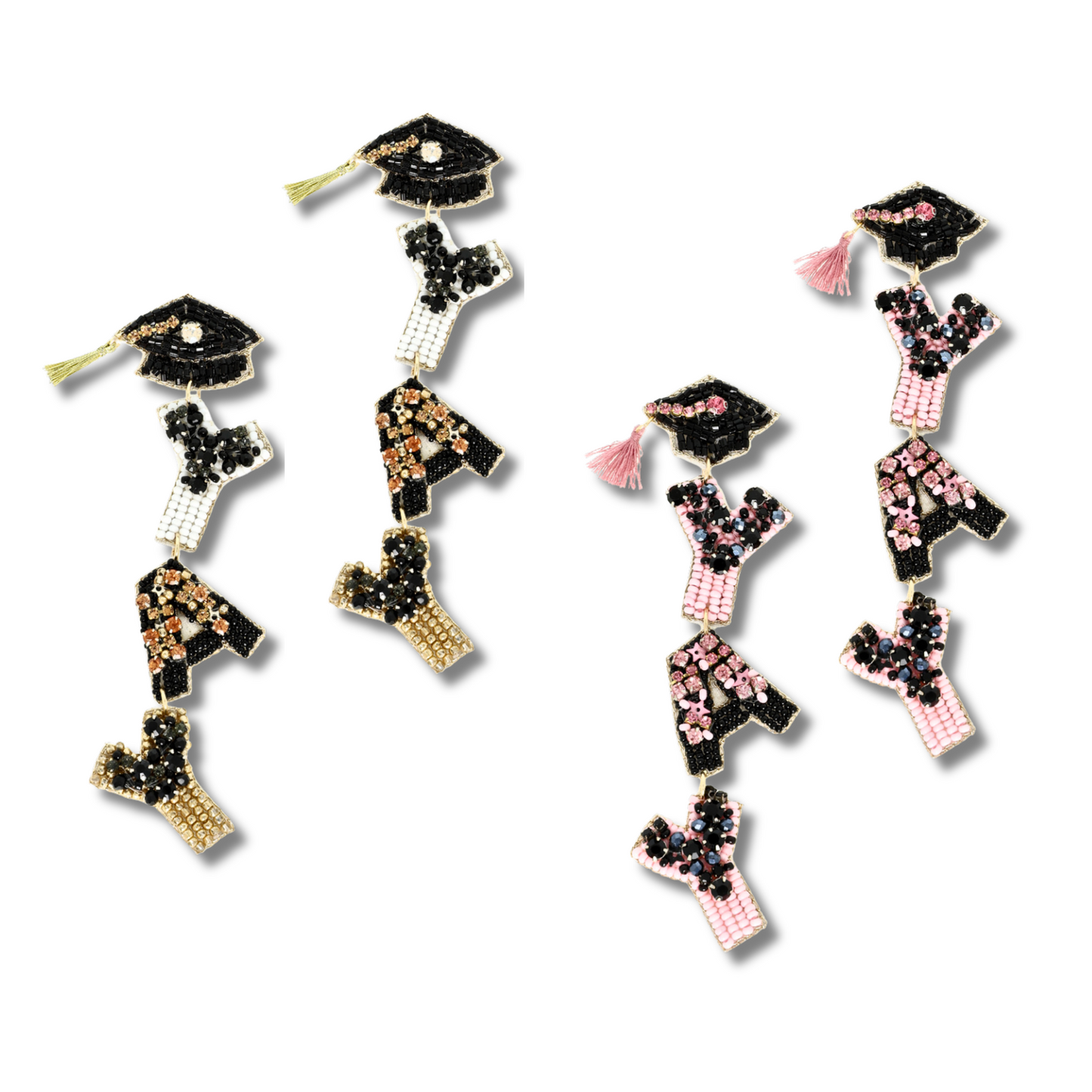 Graduation YAY Word Rhinestone Seed Beaded Earrings