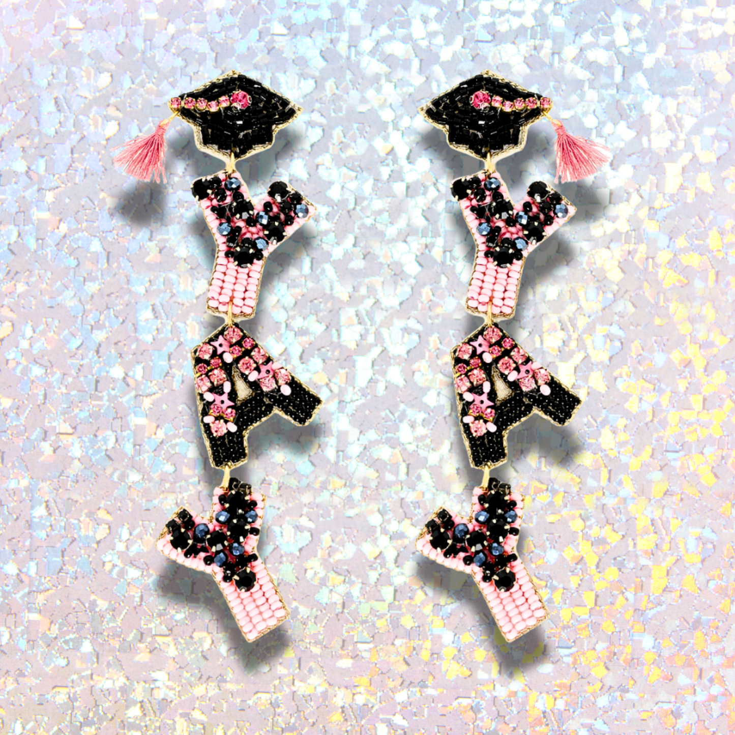 Graduation YAY Word Rhinestone Seed Beaded Earrings