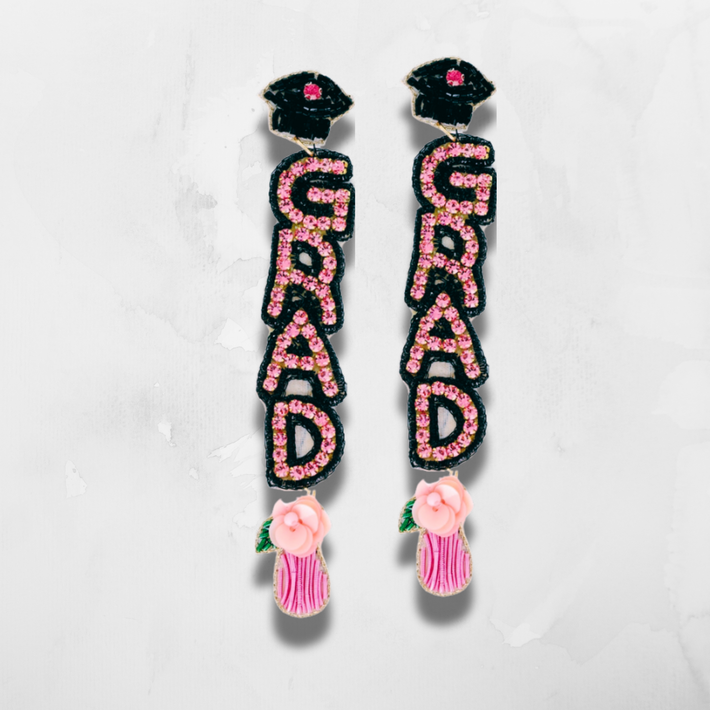 Graduation Cap Flower Rhinestone Beaded Earrings