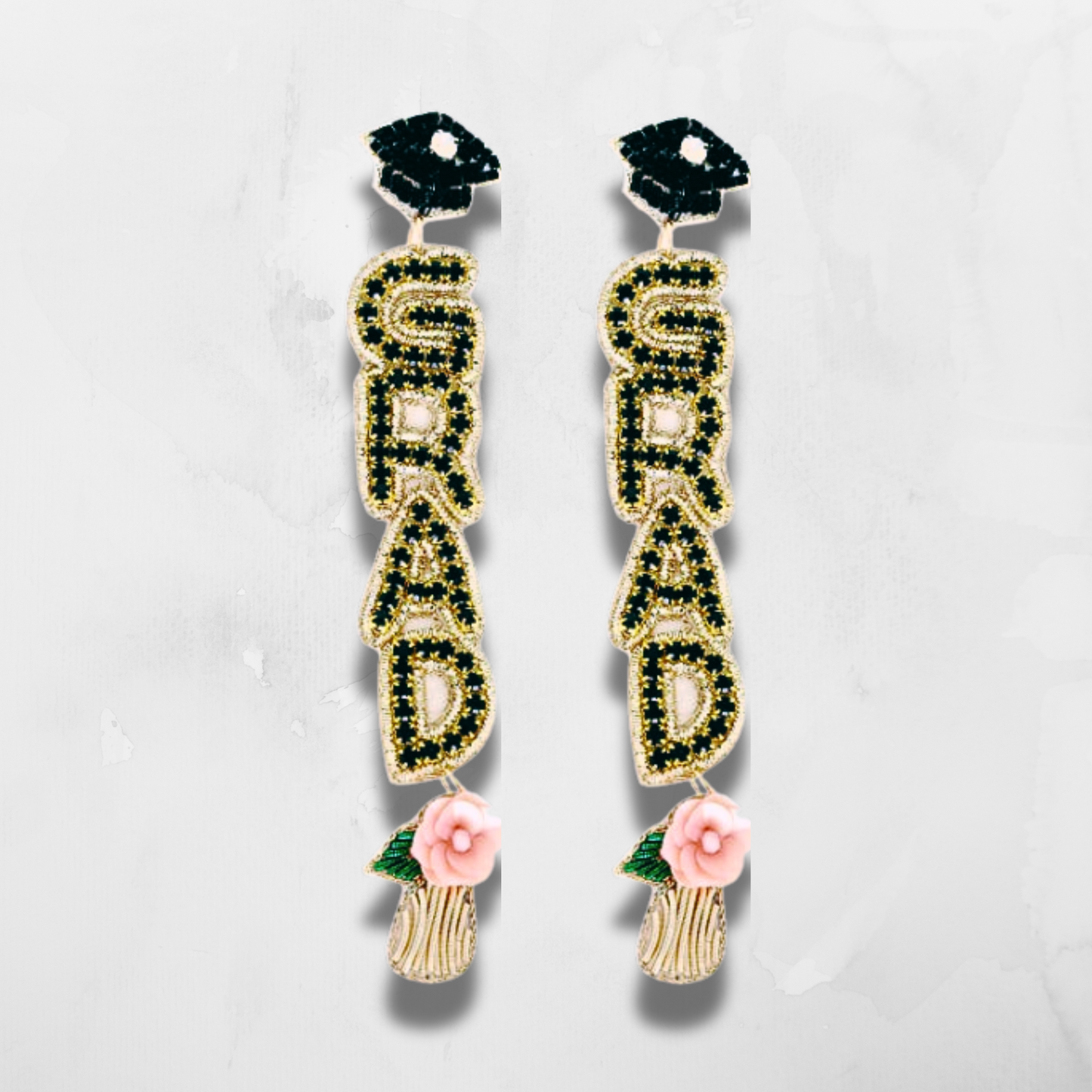 Graduation Cap Flower Rhinestone Beaded Earrings