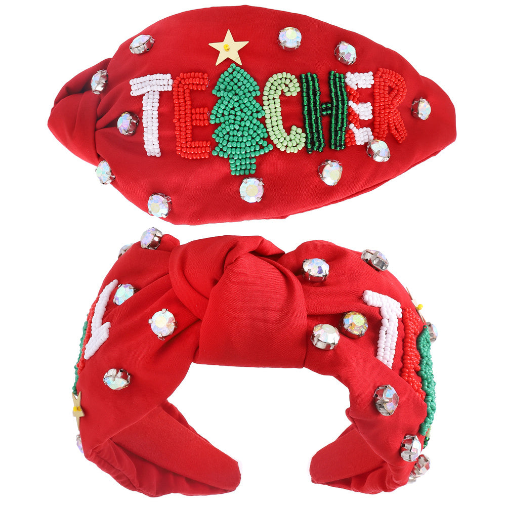 TEACHER Christmas Beaded Crystal Top Knot Headband