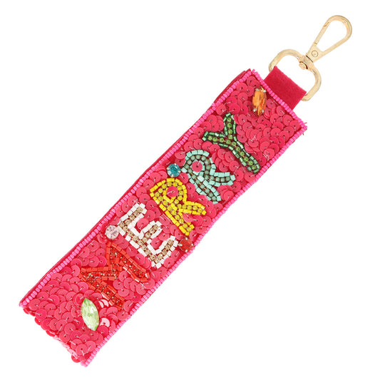 Merry Christmas Beaded Pink Lanyard Keychain
