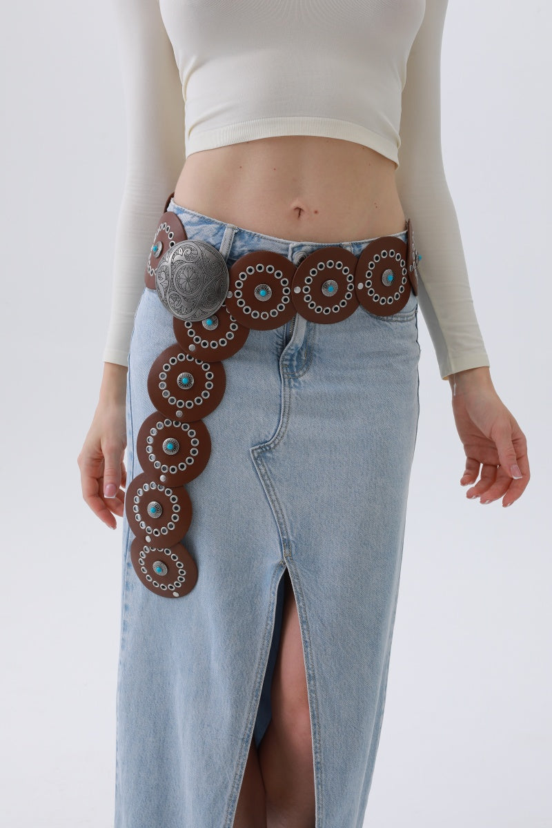 Turquoise Disc Western Belt – Handcrafted Desert Stone Detail💎 Leto Collection