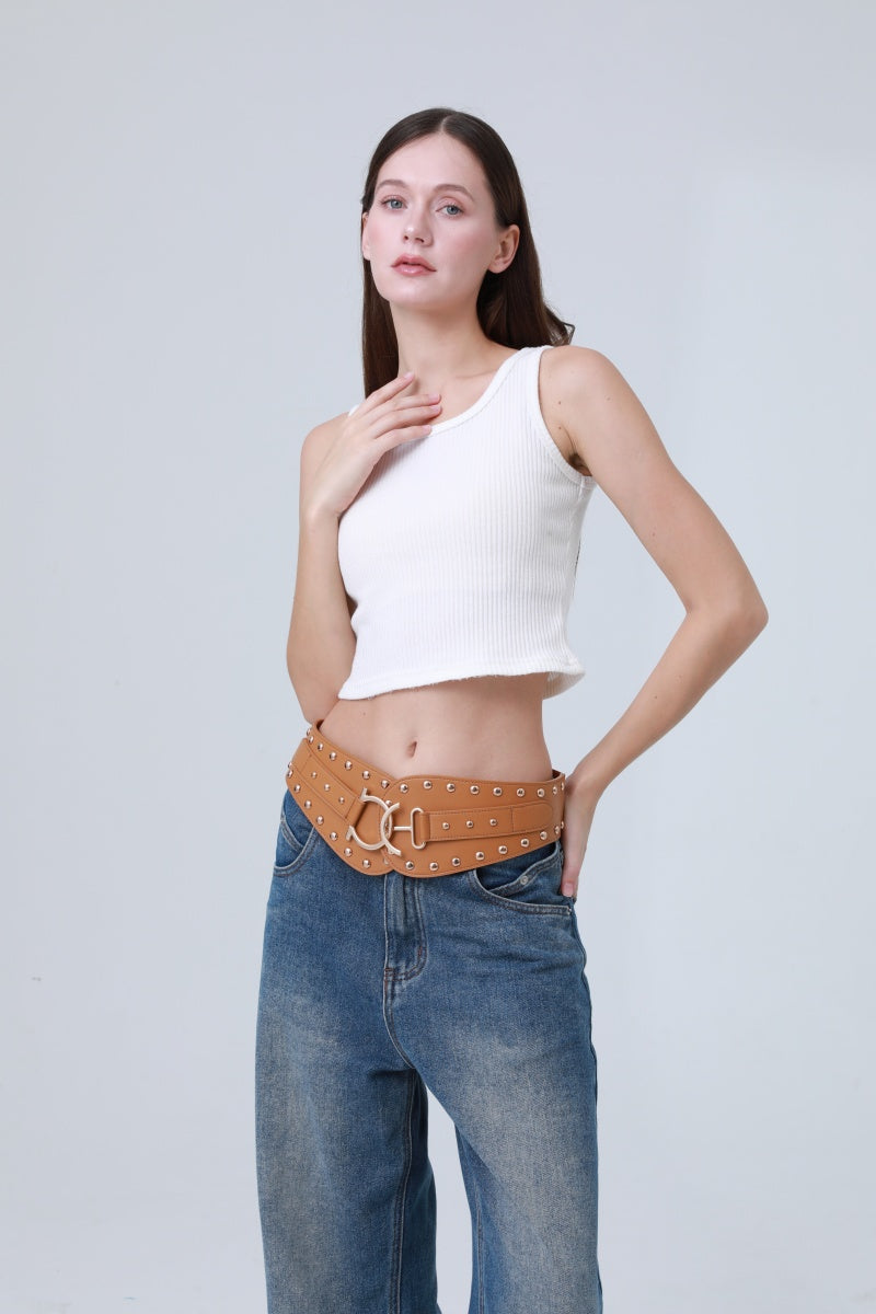 Vintage Bohemian Wide Belt – Studded Leather Waist Cincher ⛓️🌹 Leto Collection