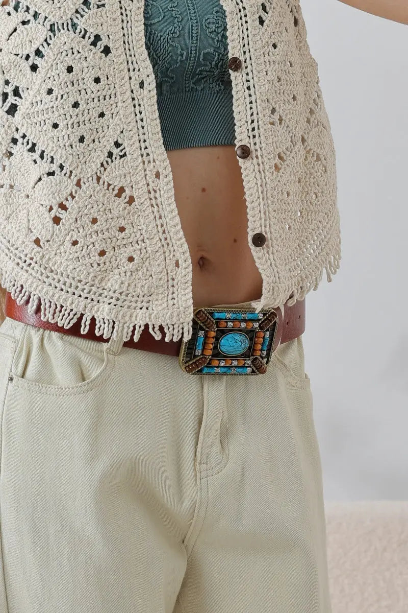Turquoise Trail: Western Style Ethnic Embellished Leather Belt - leto-collection