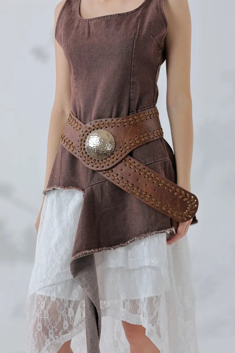 Artisan Soul: Boho Whipstitch Wide Leather Belt with Hammered Gold Buckle Leto Collection