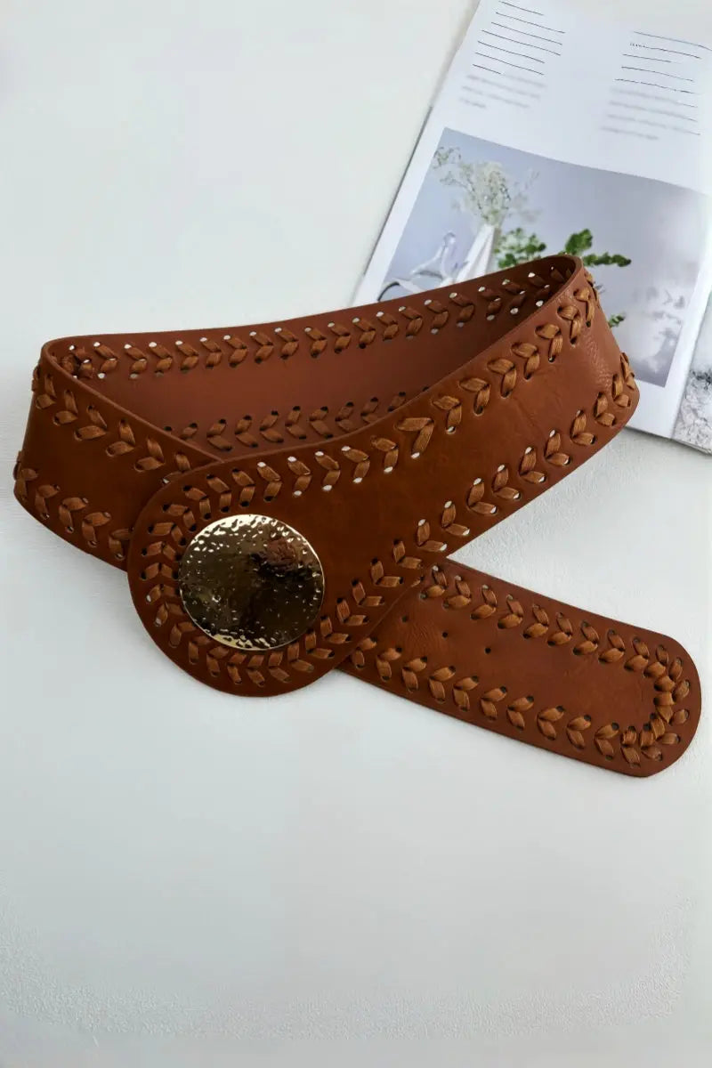 Artisan Soul: Boho Whipstitch Wide Leather Belt with Hammered Gold Buckle Leto Collection