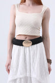 Golden Nomad: Bohemian Woven Wide Belt with Gold Engraved Medallion Leto Collection