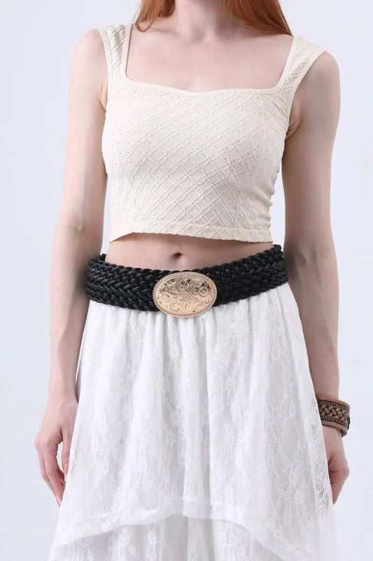 Golden Nomad: Bohemian Woven Wide Belt with Gold Engraved Medallion Leto Collection