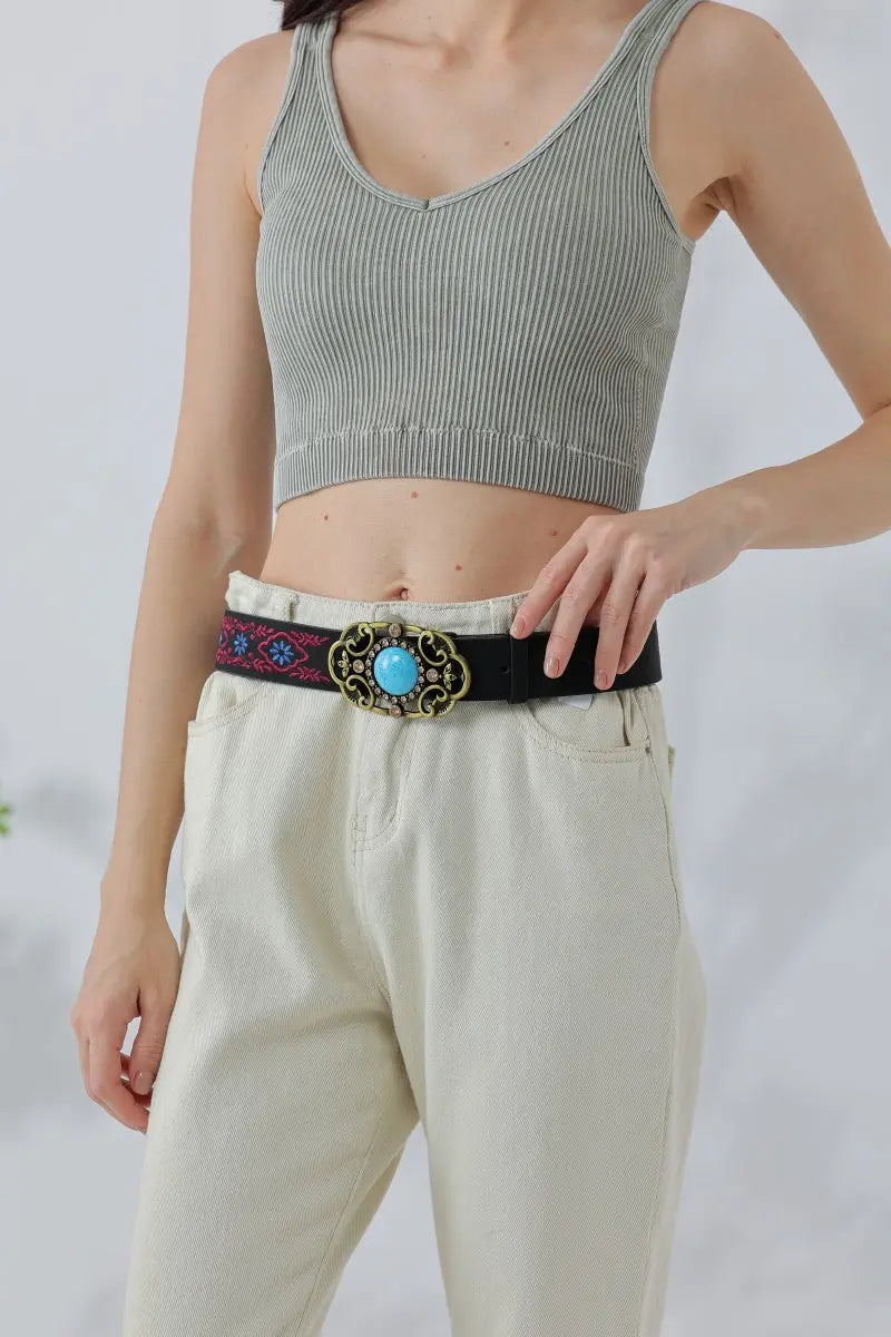 Desert Jewel: Bohemian Turquoise Buckle Embroidered Belt Leto Collection