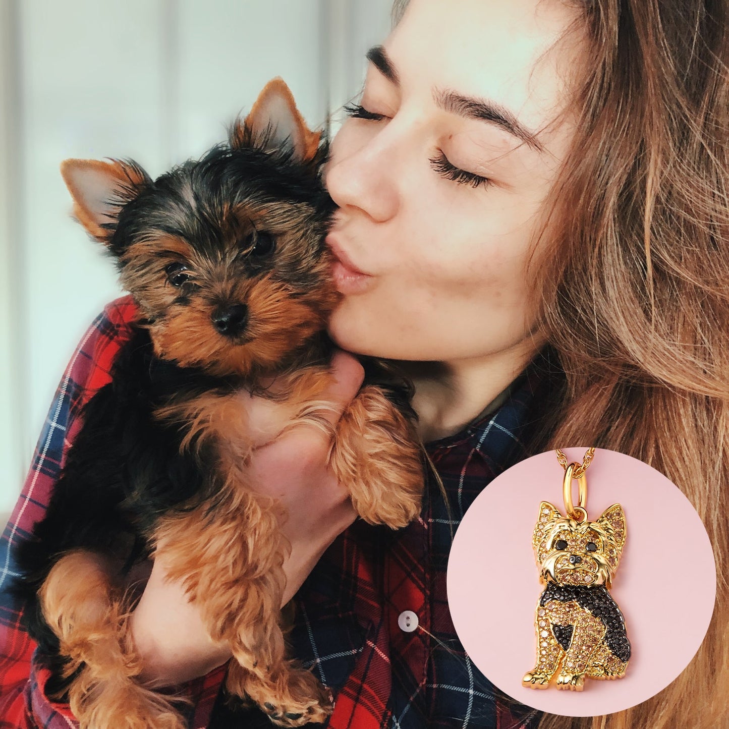 YORKIE Dog Breed Gold Sterling Silver CZ Pendant Necklace