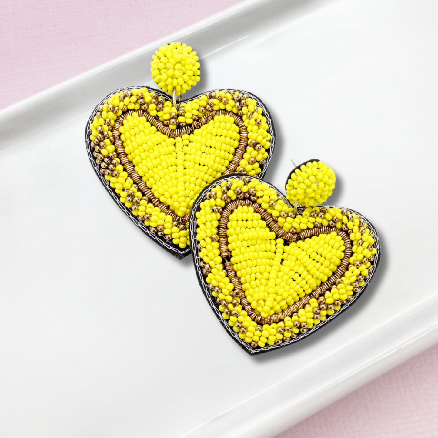 Puffy Heart Metallic Gold Threaded Beaded Earrings