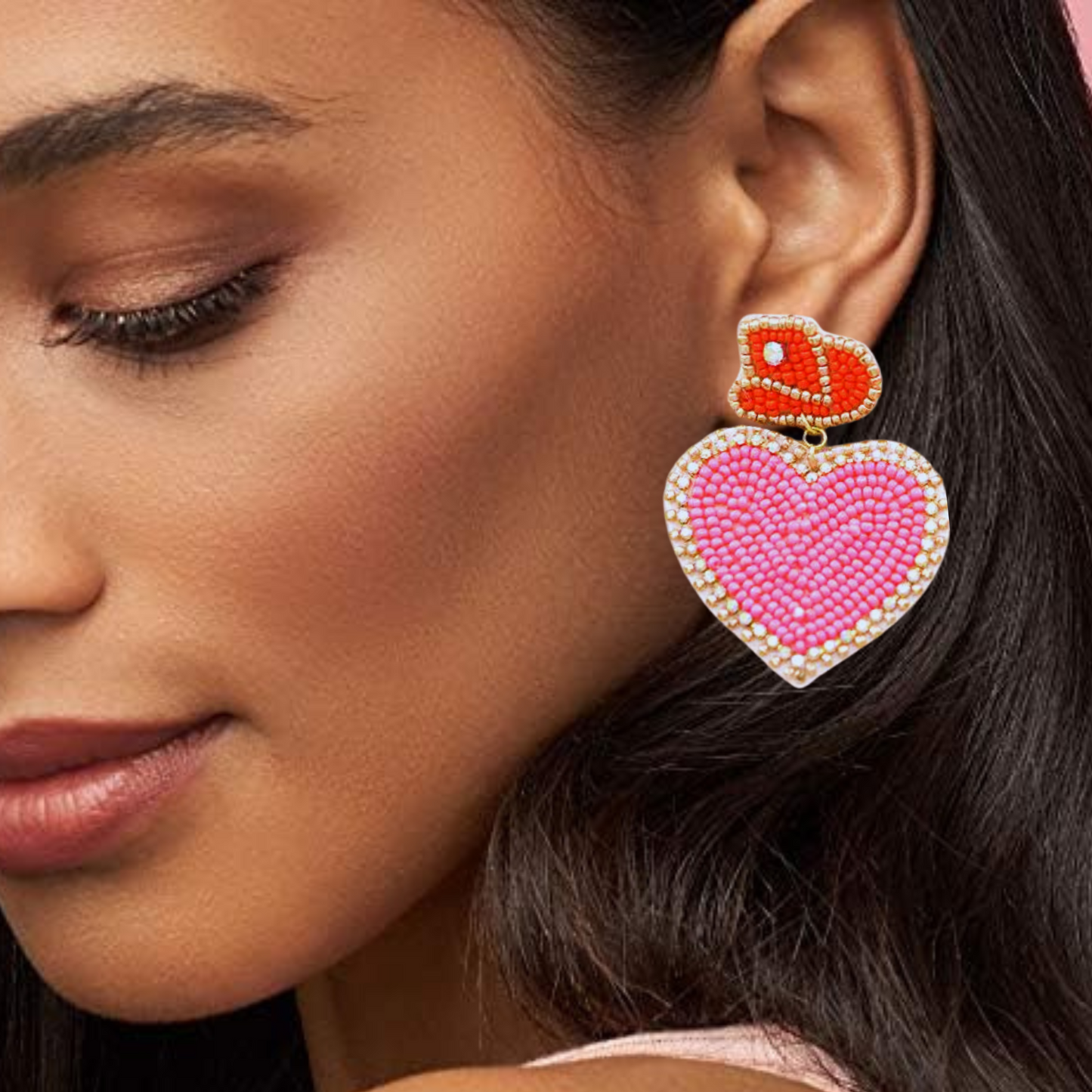 In Love With A Cowboy Beaded Hot Pink Heart Earrings