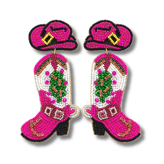 Pink Christmas Beaded Western Theme Boots Earrings