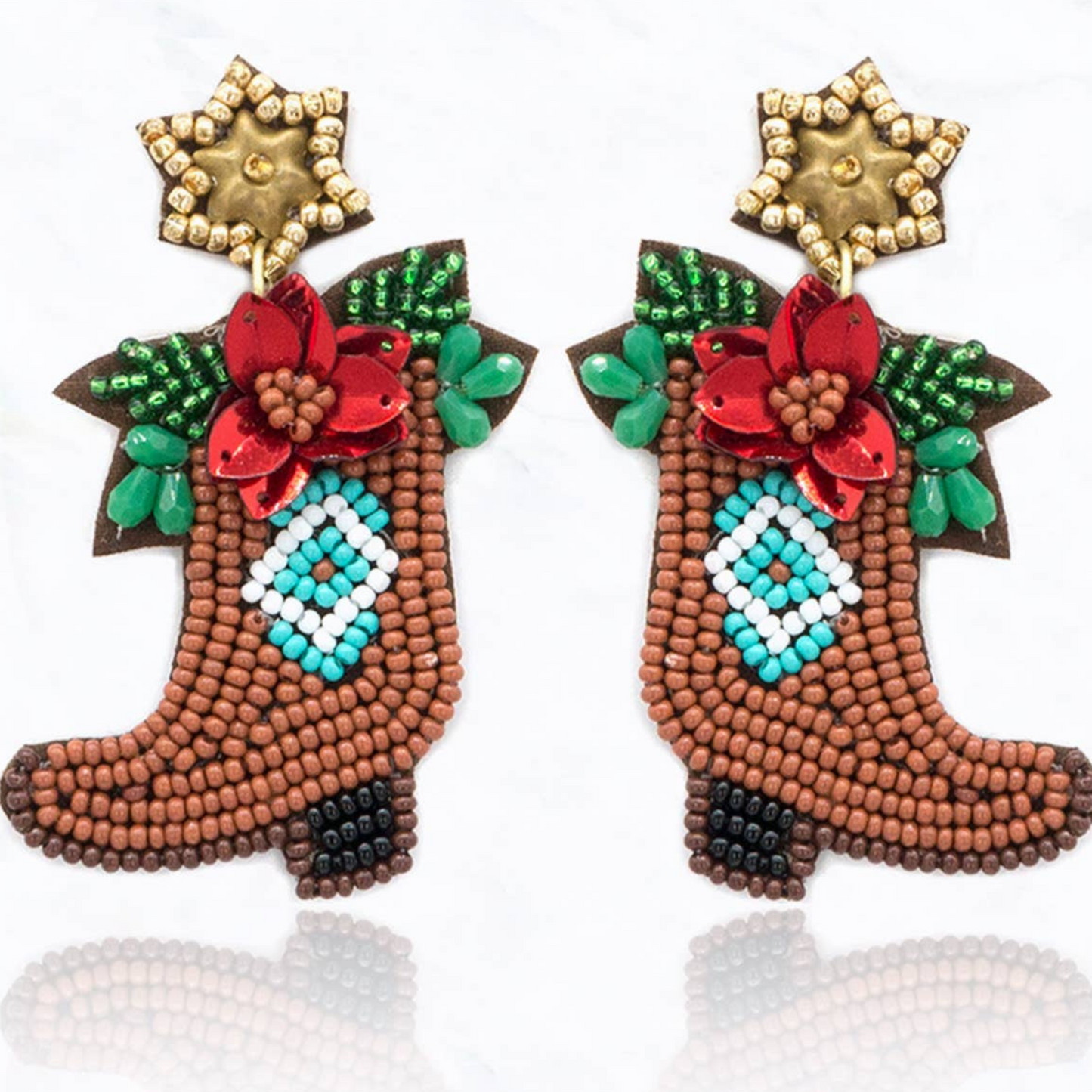 Christmas Beaded Western Boots Star Flower Earrings