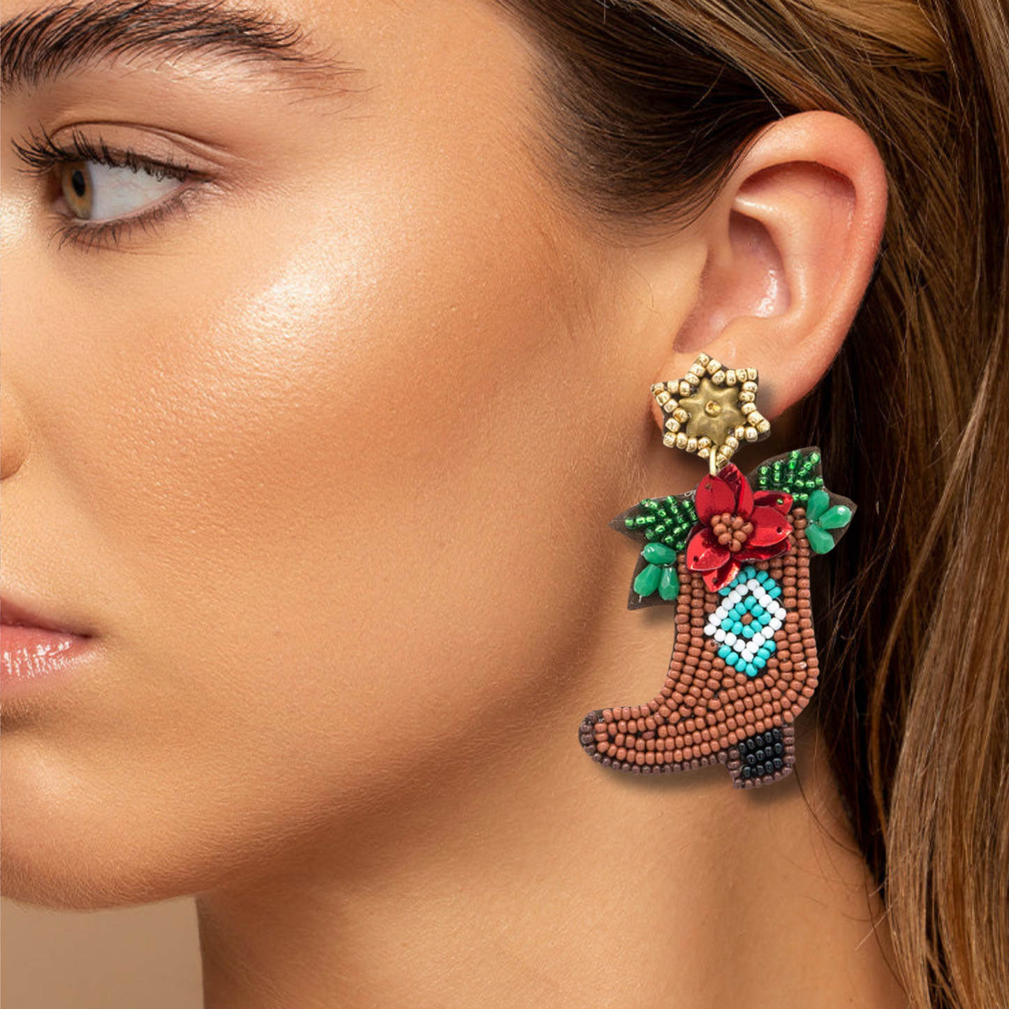 Christmas Beaded Western Boots Star Flower Earrings