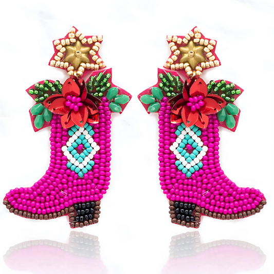 Christmas Beaded Western Boots Star Flower Earrings