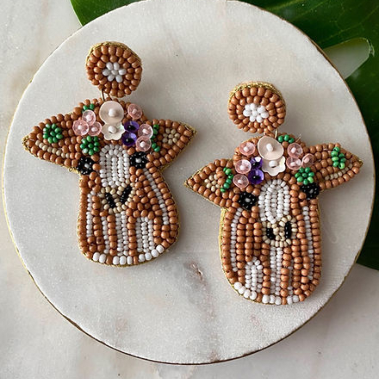 Boho Style Floral Farm Cow Seed Beaded Earrings