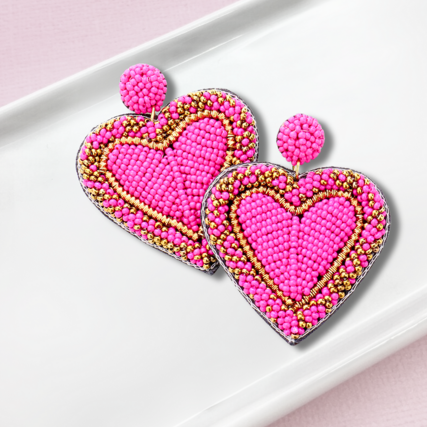 Puffy Heart Metallic Gold Threaded Beaded Earrings