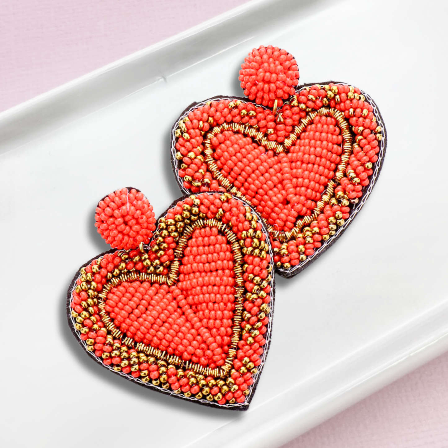 Puffy Heart Metallic Gold Threaded Beaded Earrings