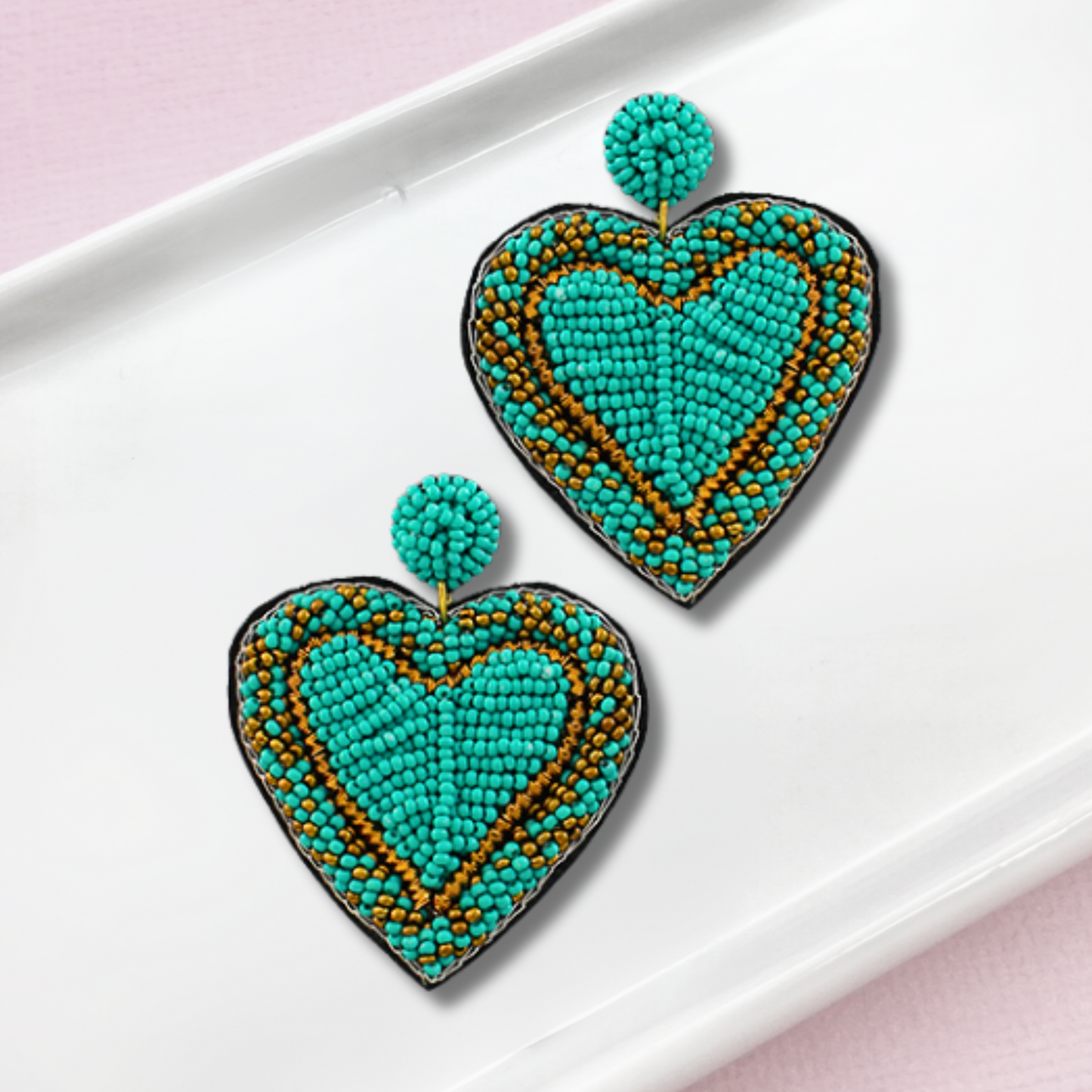 Puffy Heart Metallic Gold Threaded Beaded Earrings