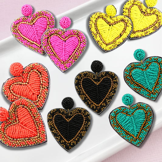 Puffy Heart Metallic Gold Threaded Beaded Earrings