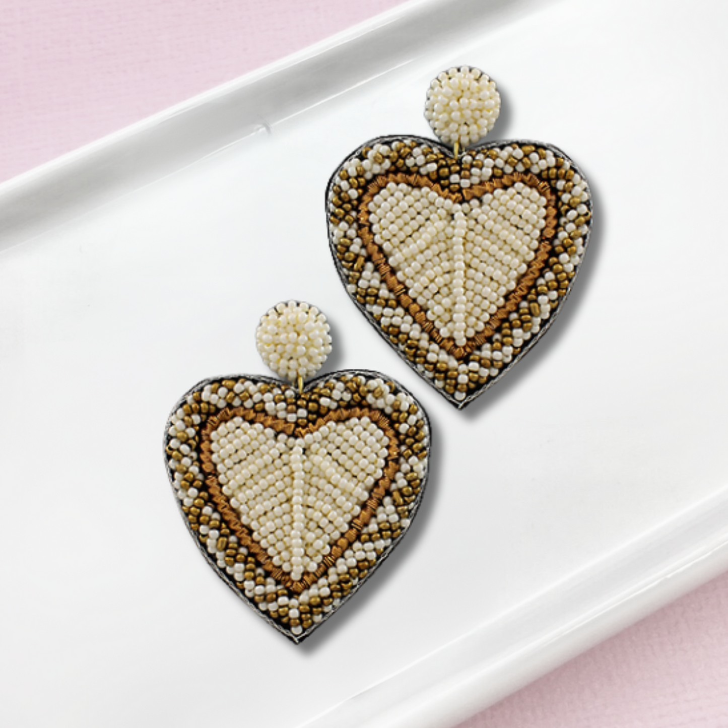 Puffy Heart Metallic Gold Threaded Beaded Earrings
