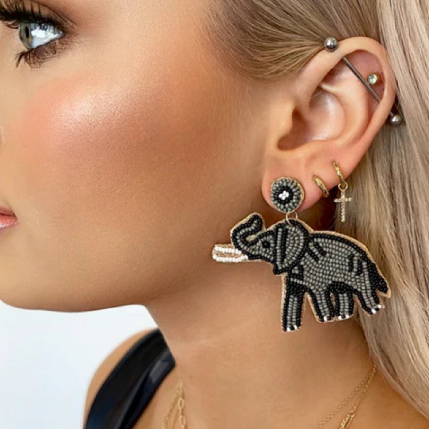 Gray White Tusk Beaded Elephant Lovers Earrings
