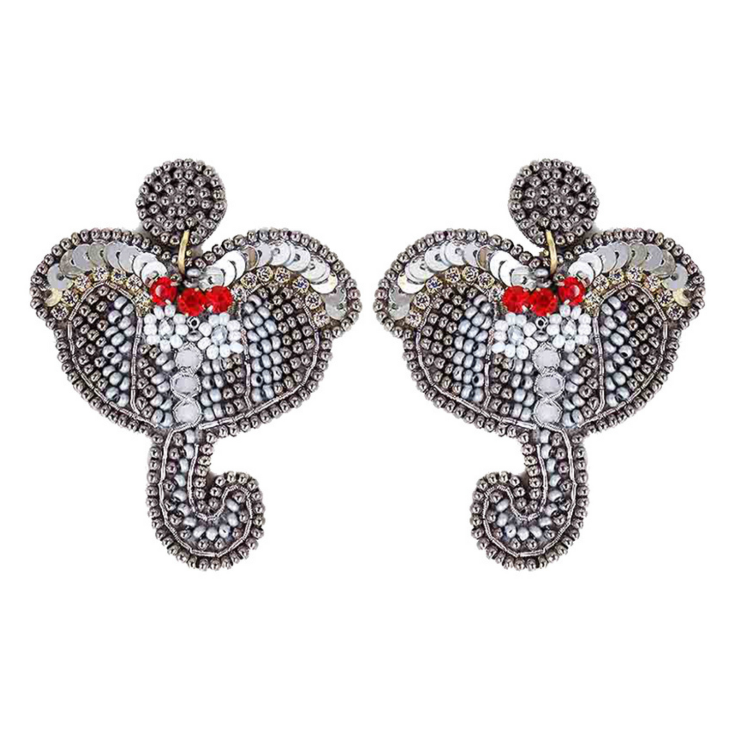 Gray Sequin Rhinestone Beaded Elephant Earrings