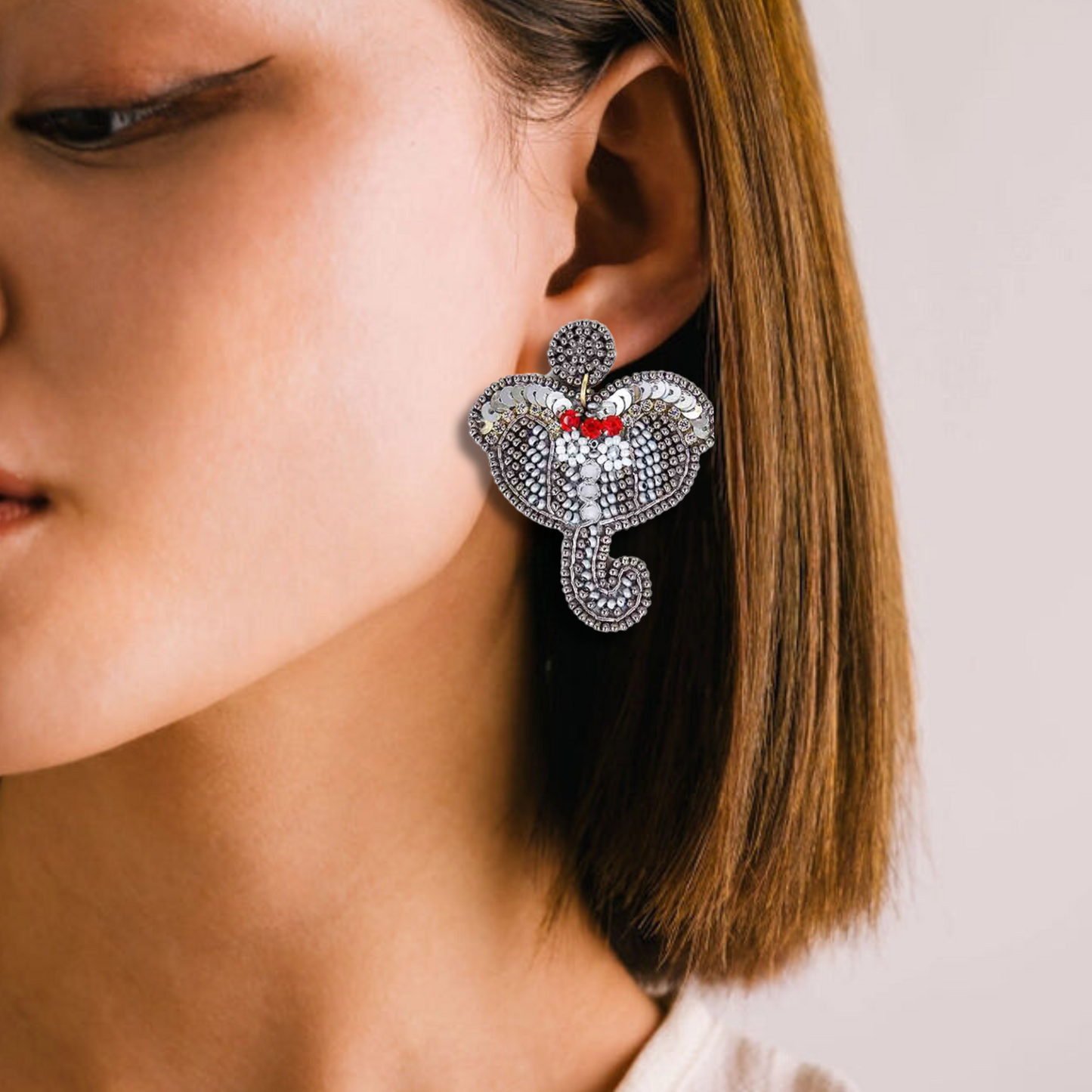 Gray Sequin Rhinestone Beaded Elephant Earrings