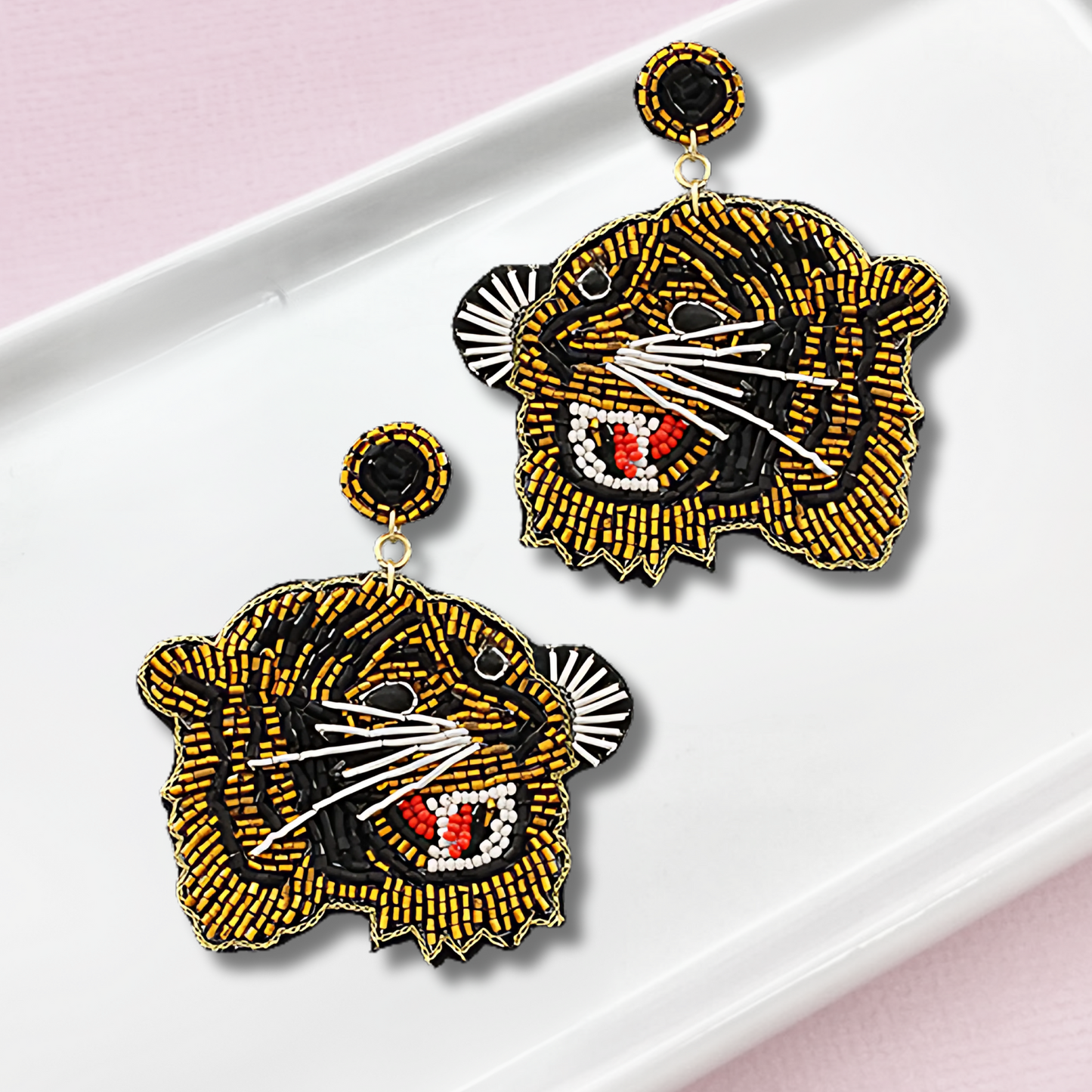 Growling Tiger Glass Beaded Safari Theme Earrings
