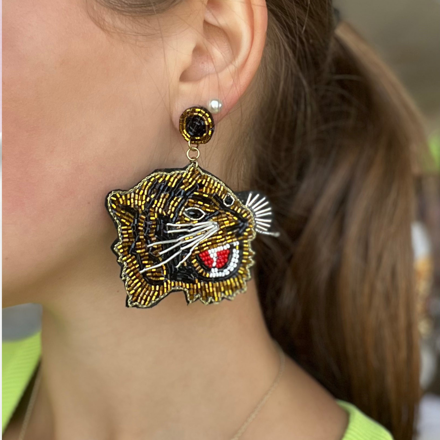Growling Tiger Glass Beaded Safari Theme Earrings