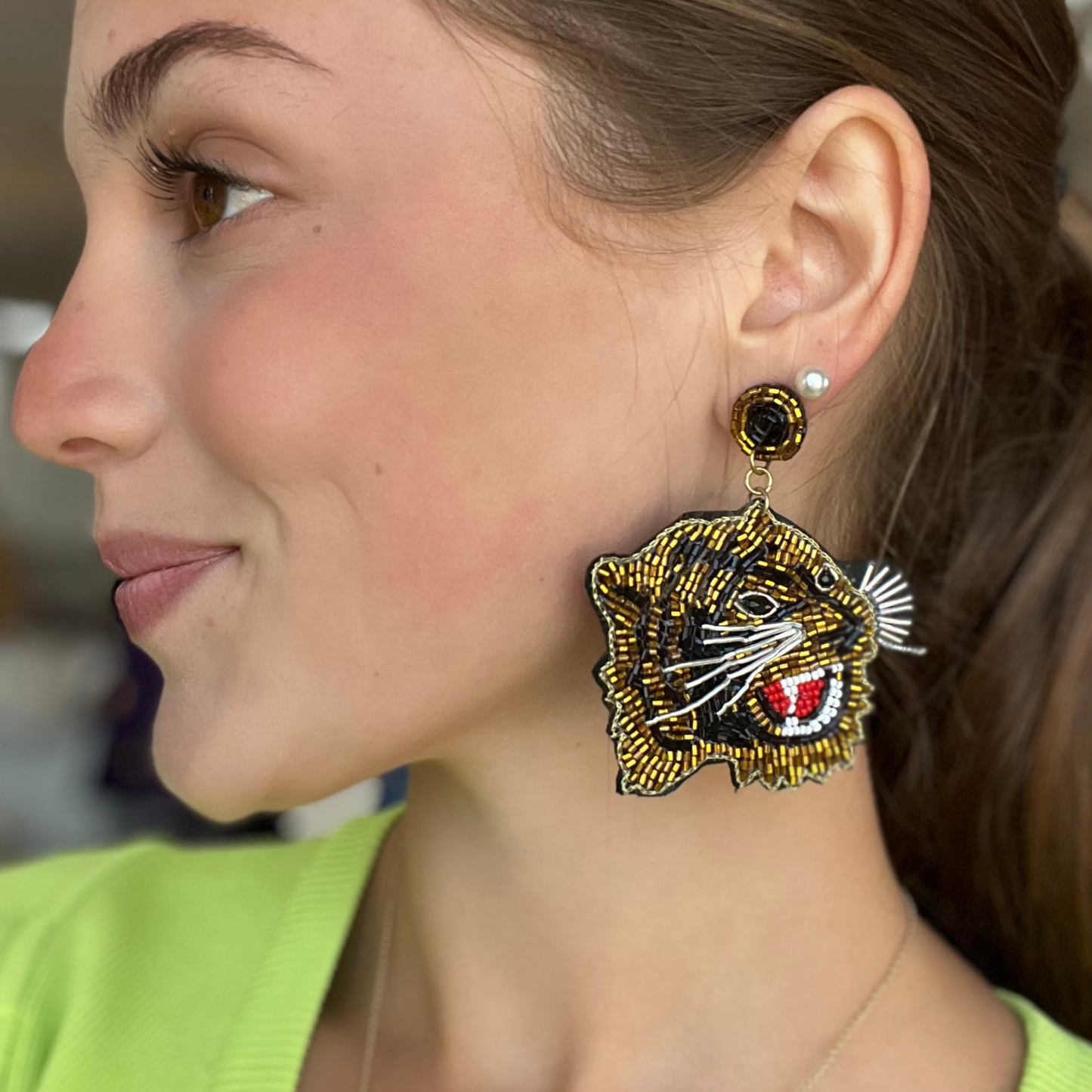 Growling Tiger Glass Beaded Safari Theme Earrings