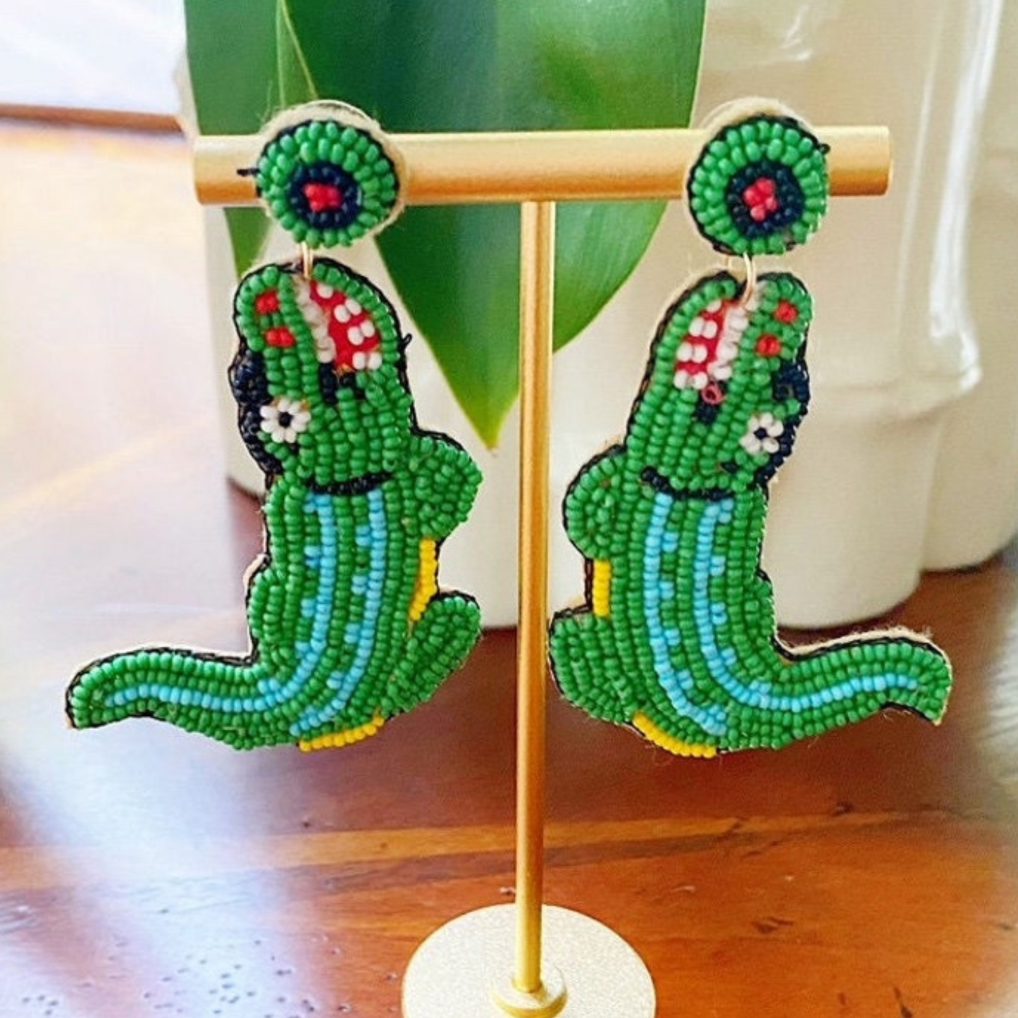 Crocodile Alligator Green Beaded Earrings