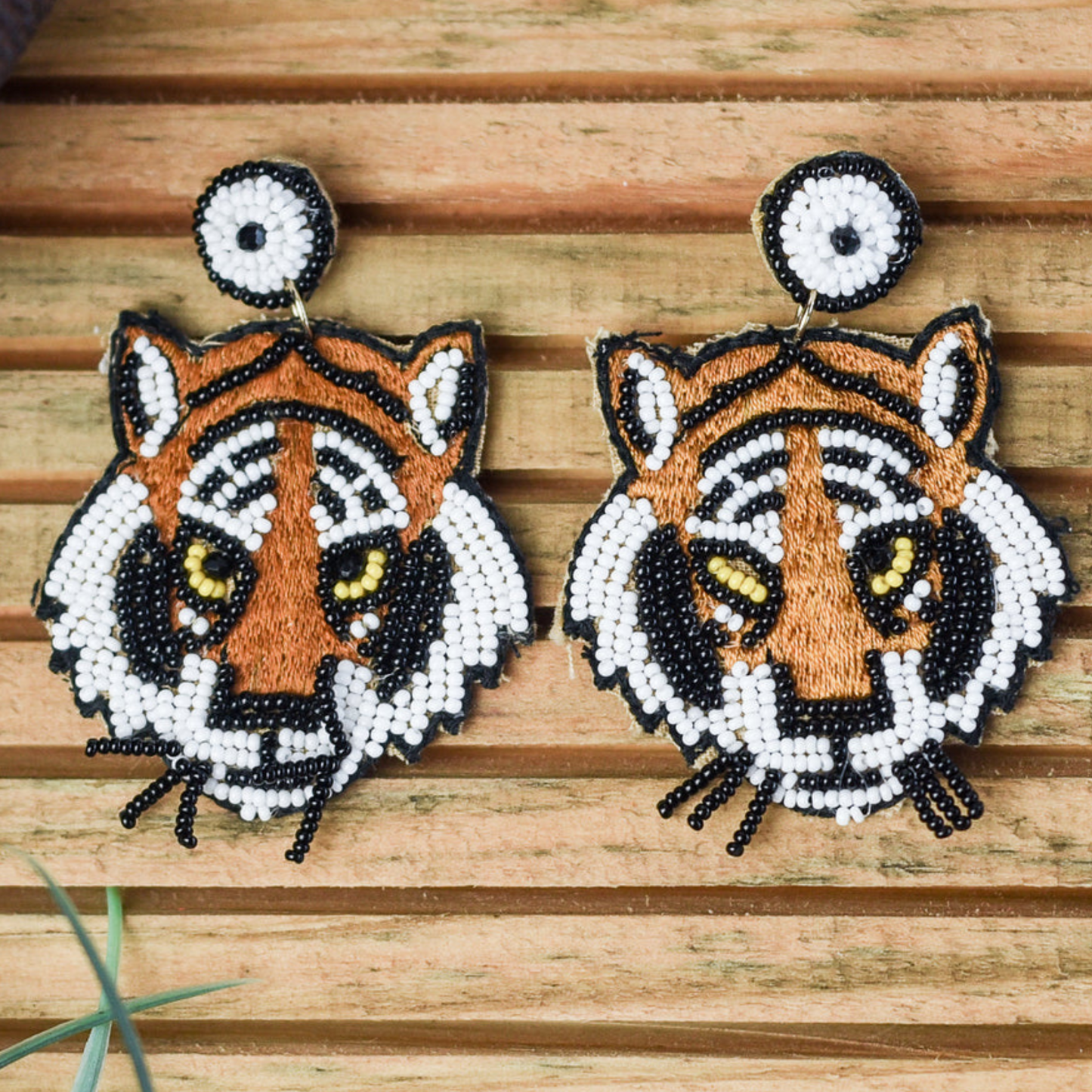Whiskered Tiger Jungle Safari Seed Beaded Earrings