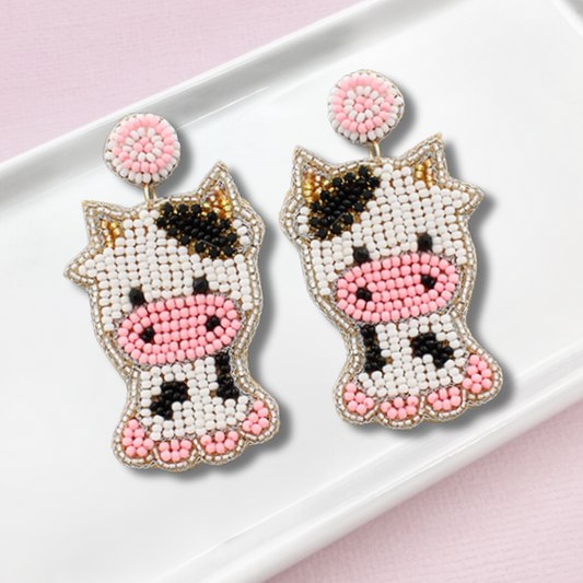 Baby Cow Calf Farm Seed Beaded Earrings