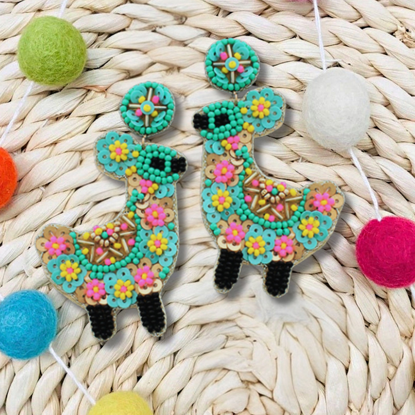 Festive Llama Alpaca Seed Beaded Earrings