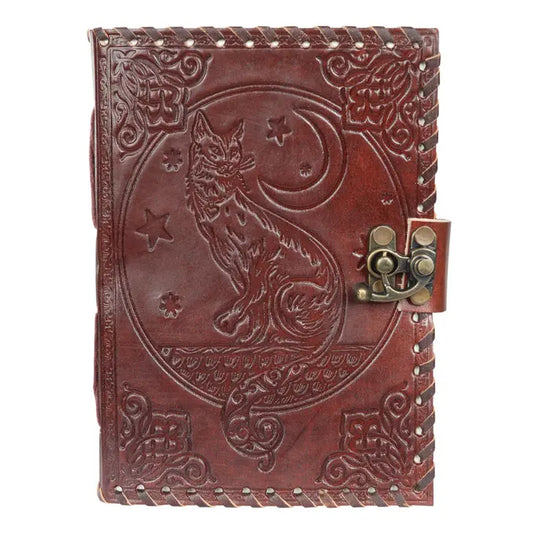 Celestial Cat Carved Leather Blank Spell Book Manifest Journal