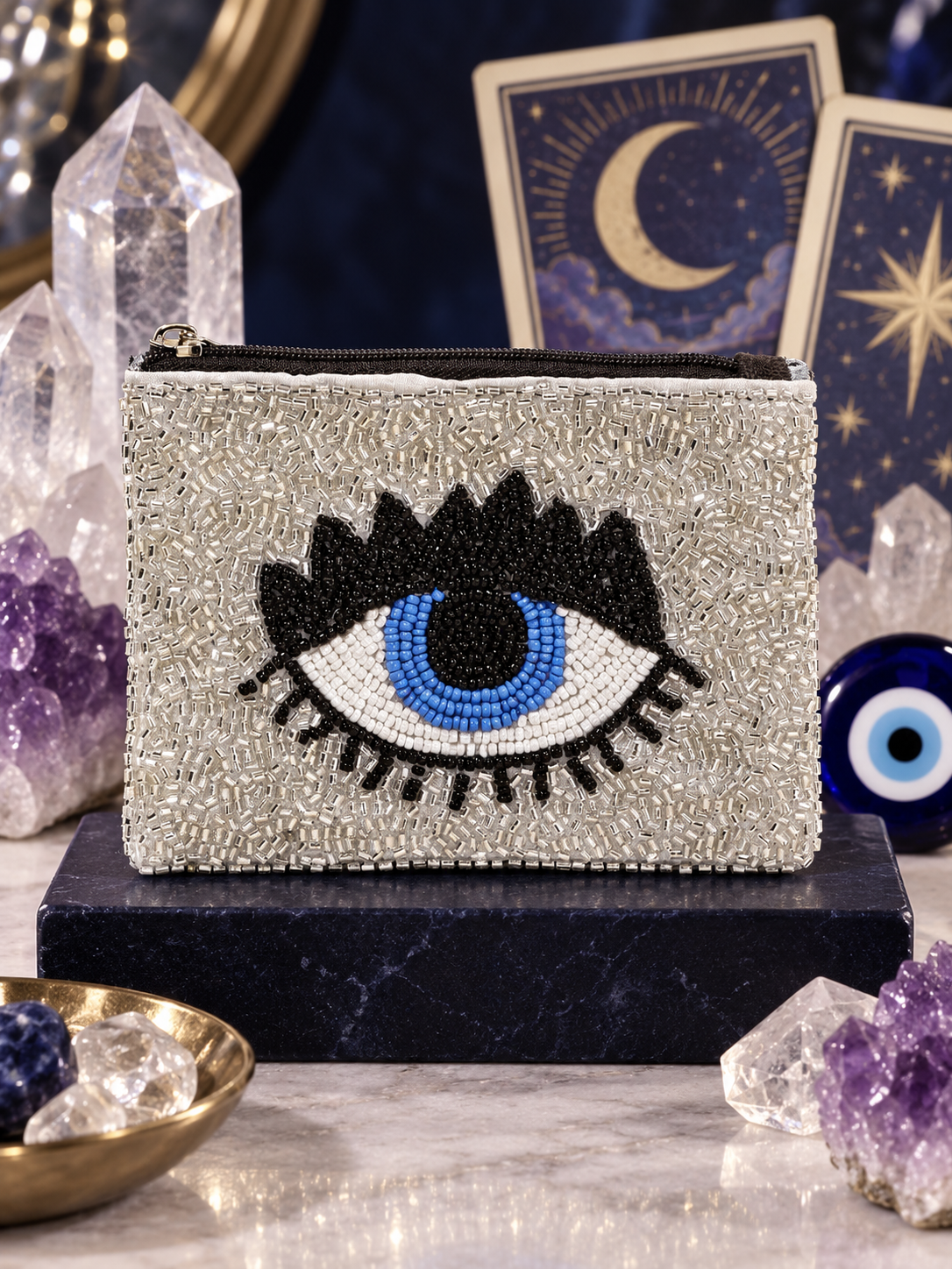 Evil Eye Seed Beaded Storage Bag Pouch