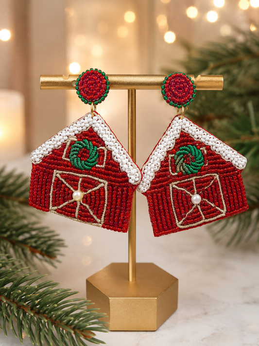 Country Christmas Beaded Western Red Barn Farm Earrings