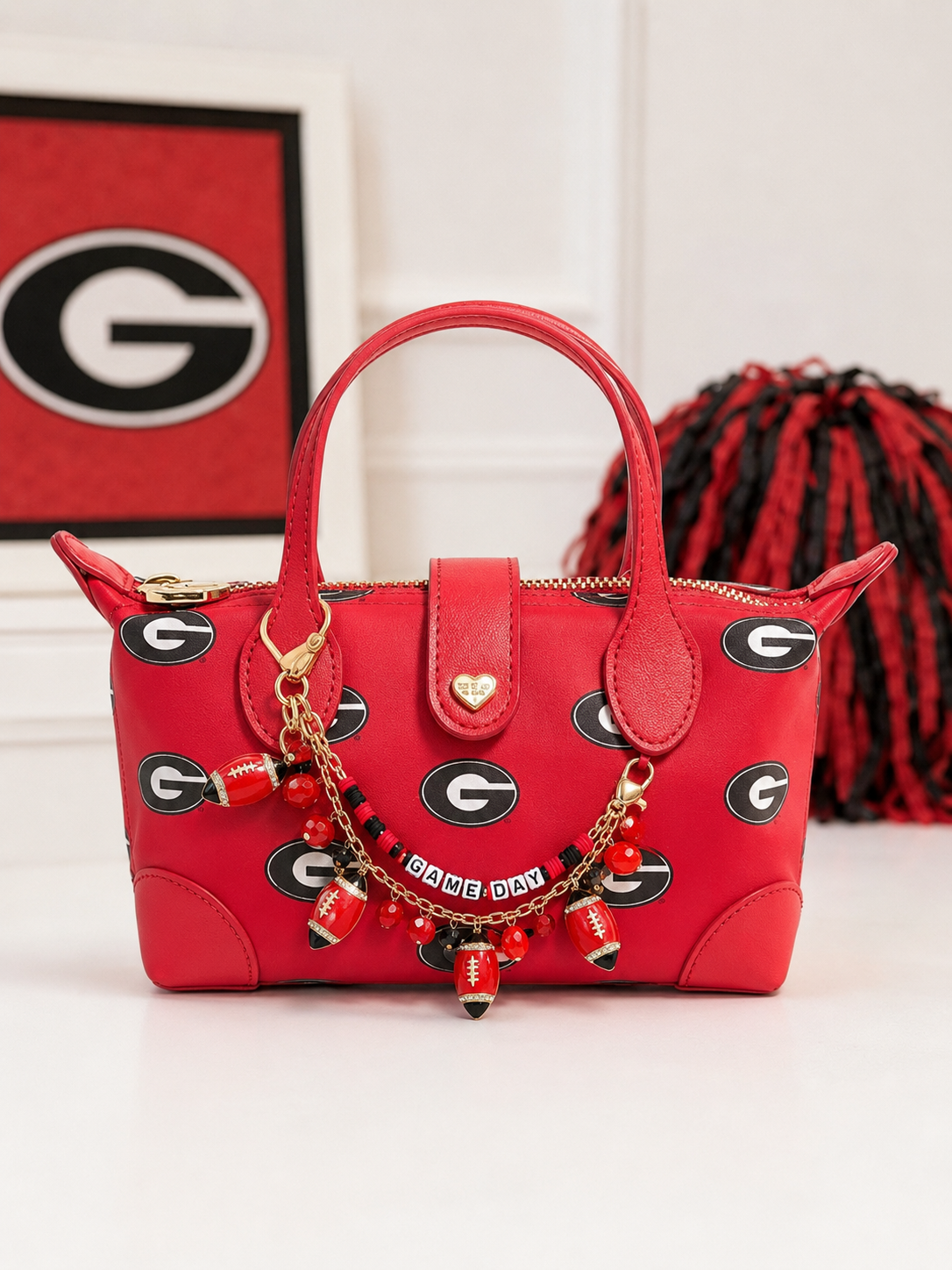 Red Black UGA Georgia Football Beaded Handbag Charm Chain