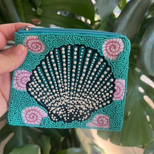 Turquoise Seashell Beach Theme Beaded Money Pouch