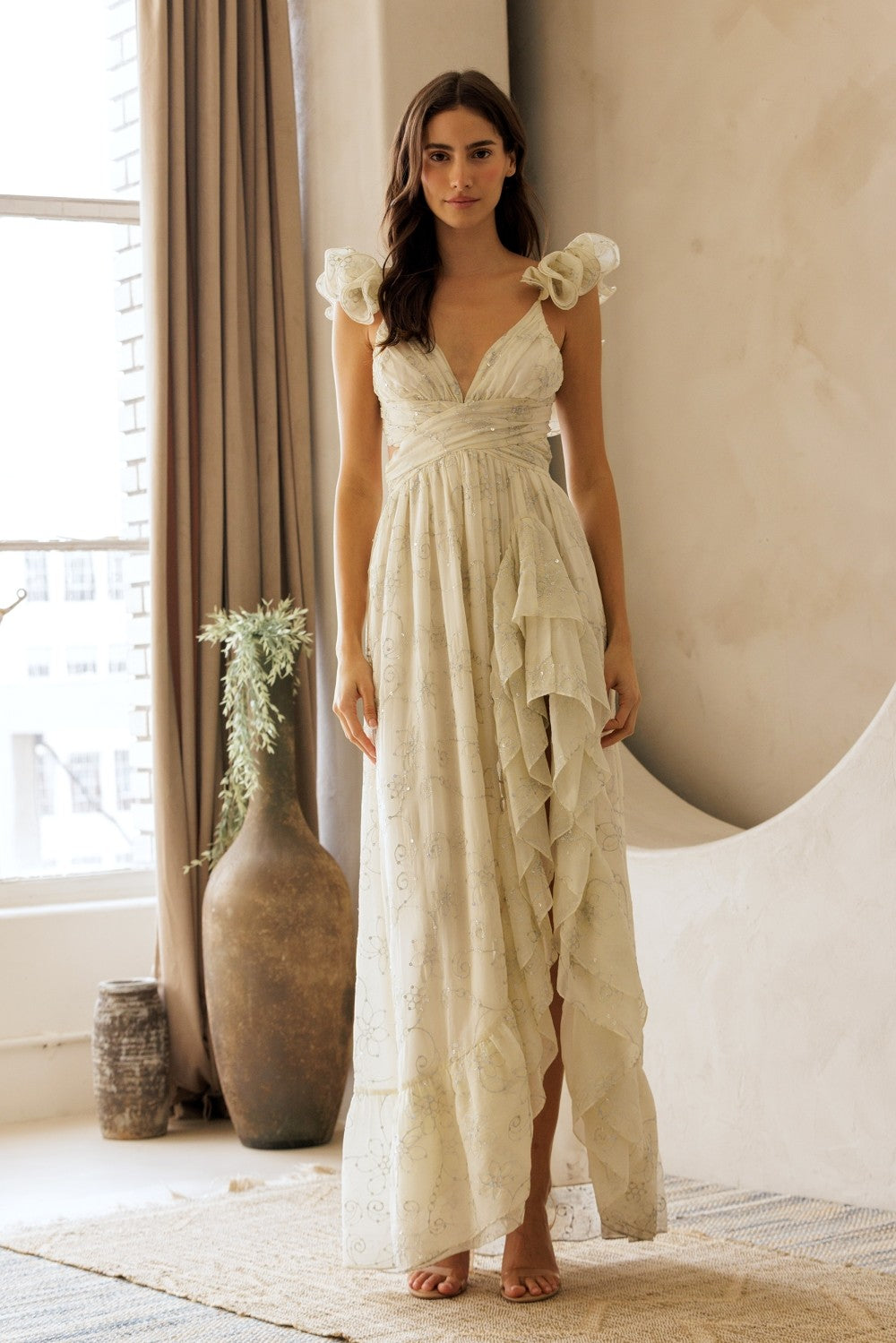 Cream Couture Sparkle Floral Maxi Dress