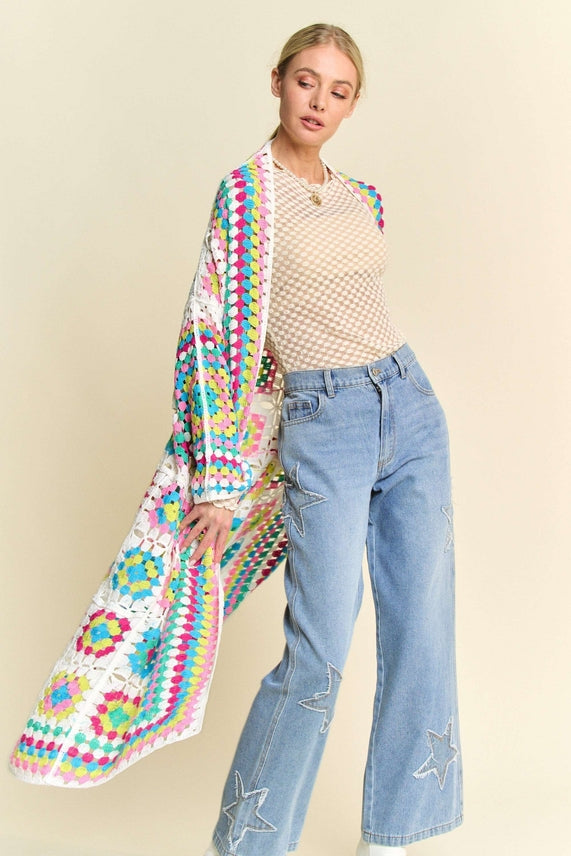 Coachella Ready Boho Style Crochet Neon Knit Cardigan