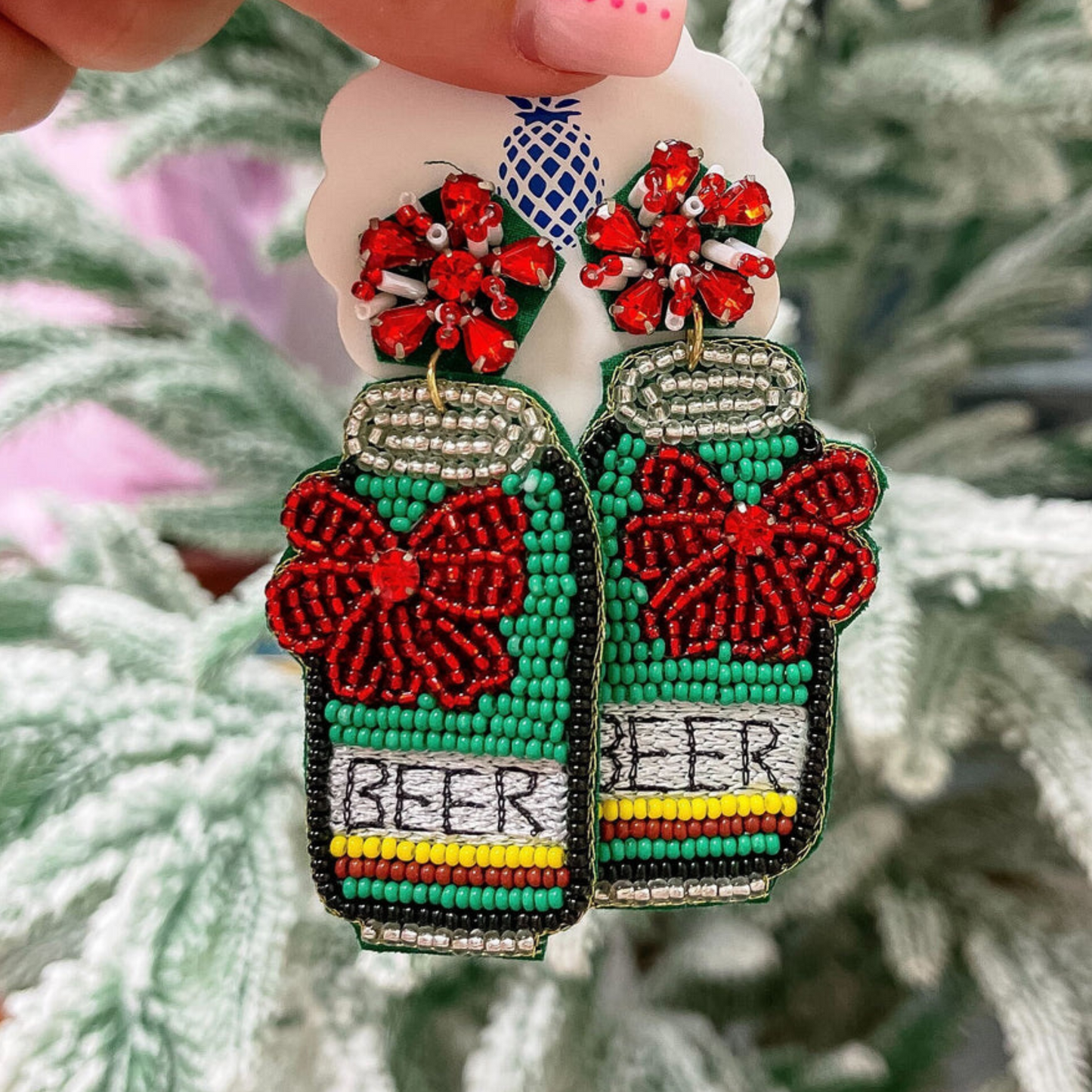 Christmas Beer Can Beaded Dangle Earrings