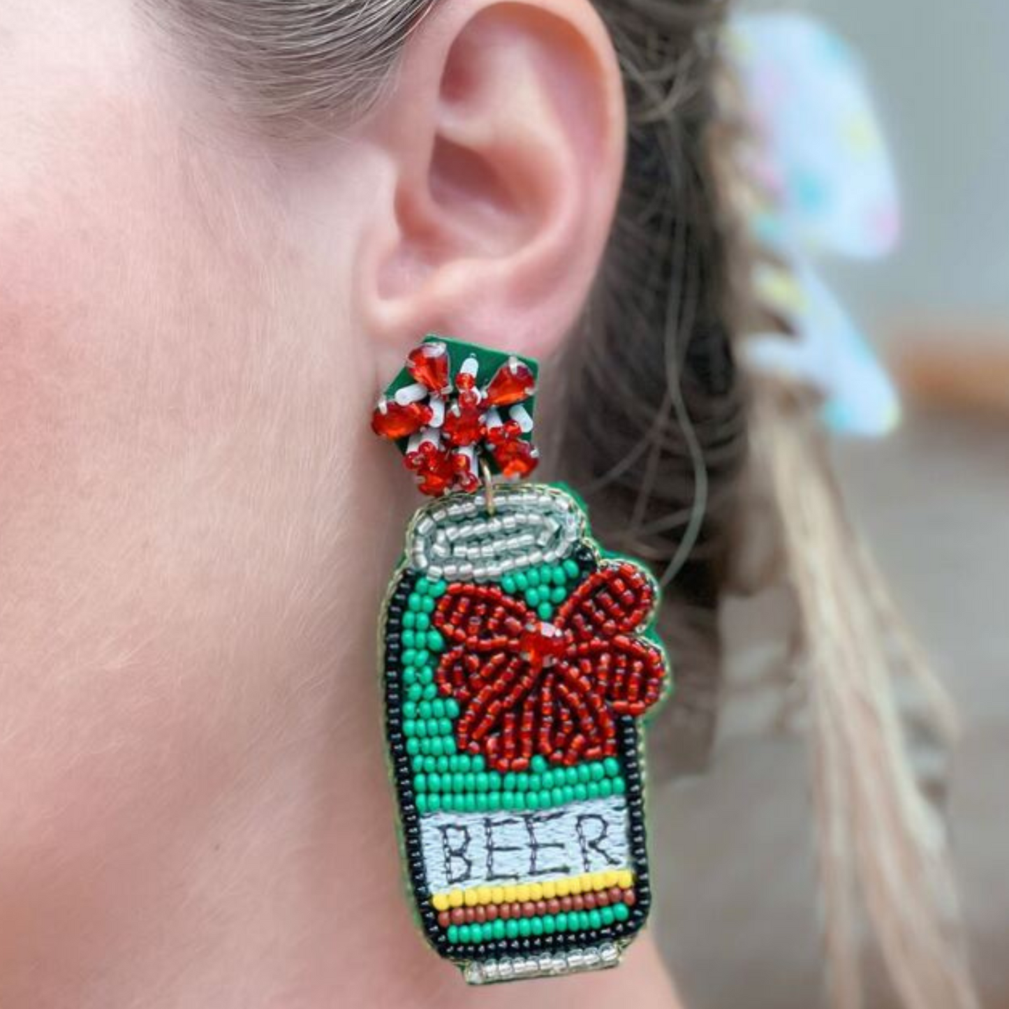 Christmas Beer Can Beaded Dangle Earrings