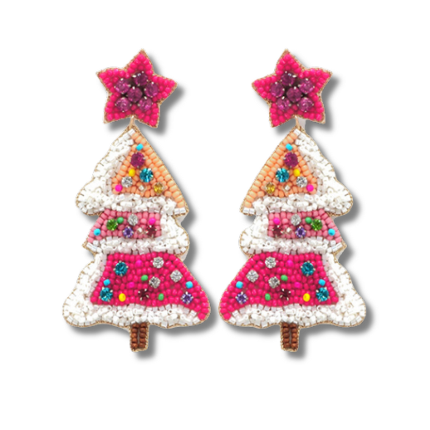 Frosted Snow Christmas Tree Crystal Beaded Artisan Earrings
