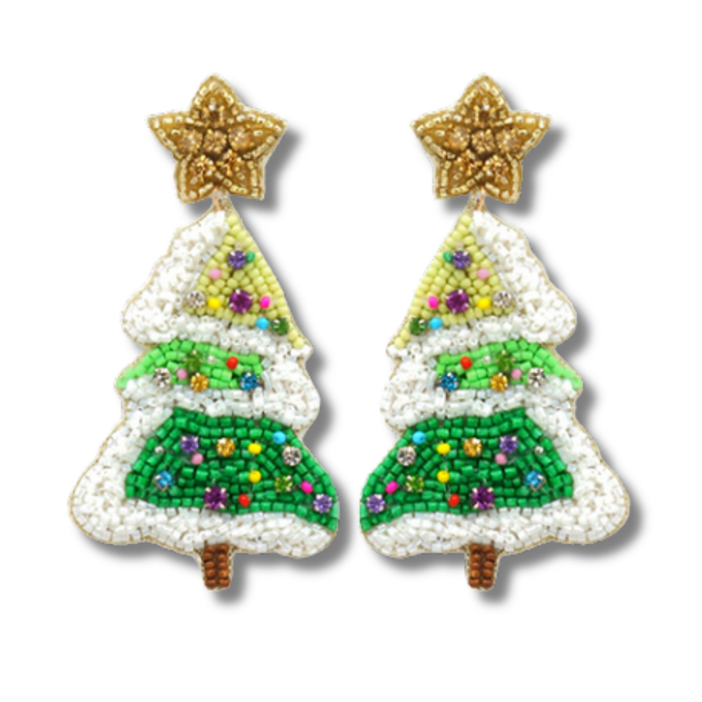 Frosted Snow Christmas Tree Crystal Beaded Artisan Earrings
