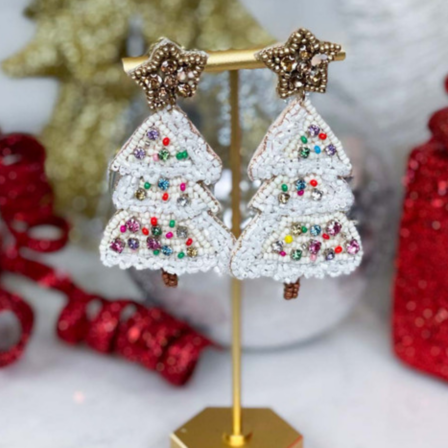 Frosted Snow Christmas Tree Crystal Beaded Artisan Earrings
